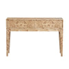 Front view of the Mappa console table in a light burl wood finish featuring a double drawer design and an elegant architectural frame