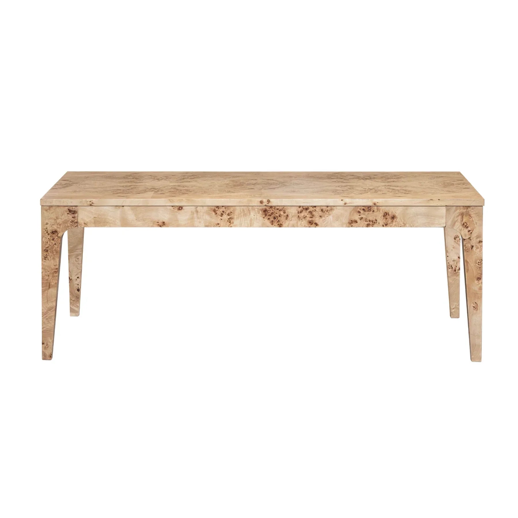 Front view of the Mappa coffee table featuring a light burl wood finish and sleek tapered legs