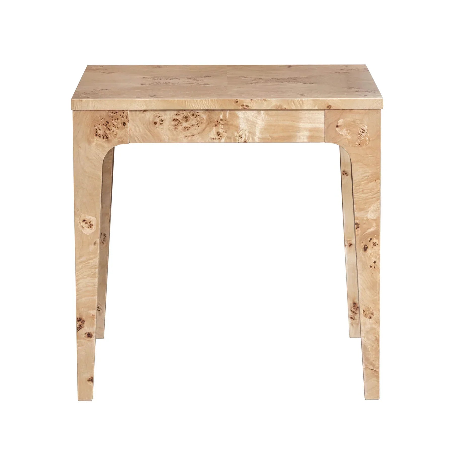 Front view of the Mappa side table featuring a square silhouette and a light burl wood veneer with natural bird's eye patterning