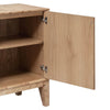 Close-up perspective of an open side door showcasing the internal shelf space and clean wood joinery