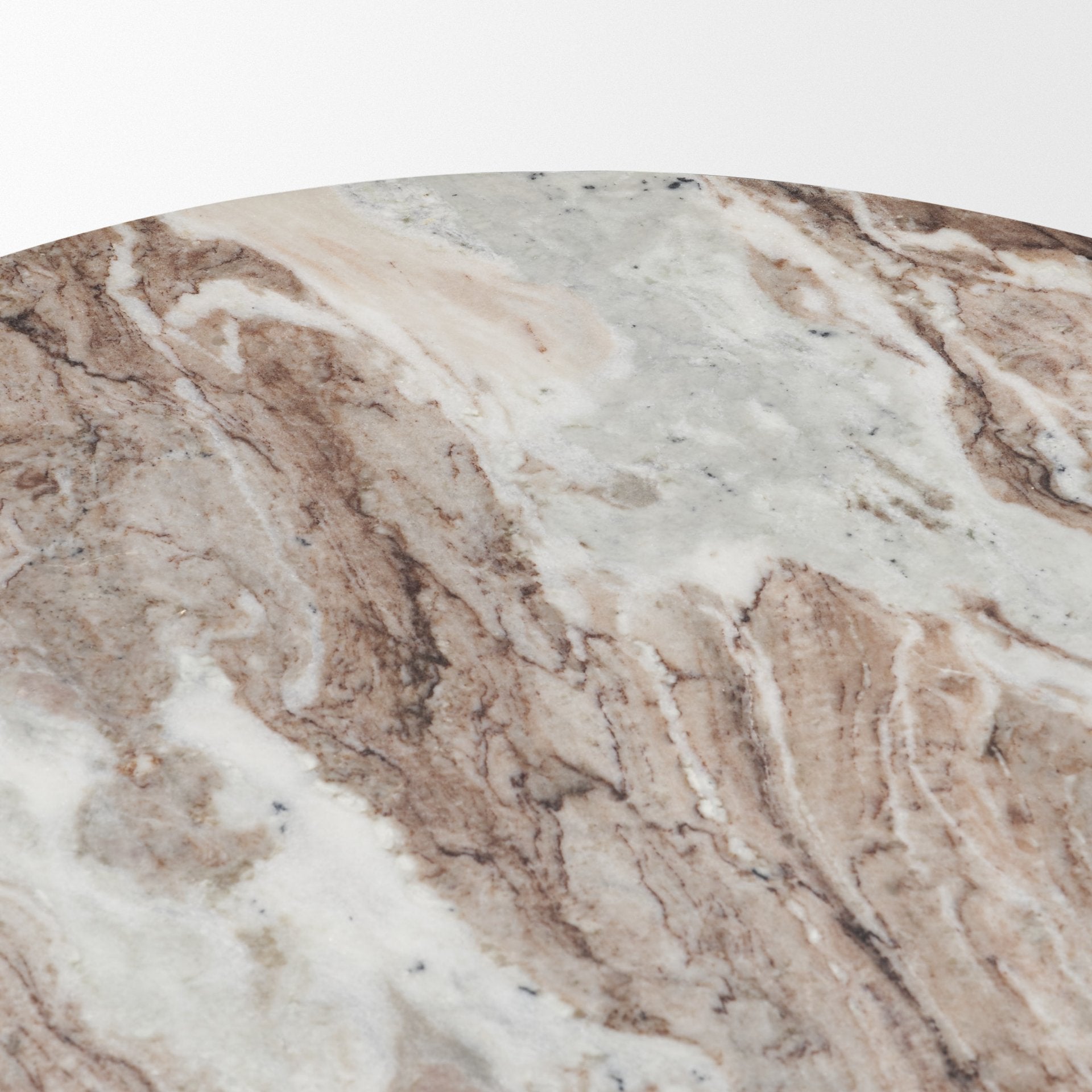 Direct overhead view focusing on the intricate brown and cream veining patterns of the polished circular marble surface