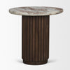 Front view of the Marbrello side table featuring a circular breccia marble top with dramatic veining on a dark fluted wood pedestal base