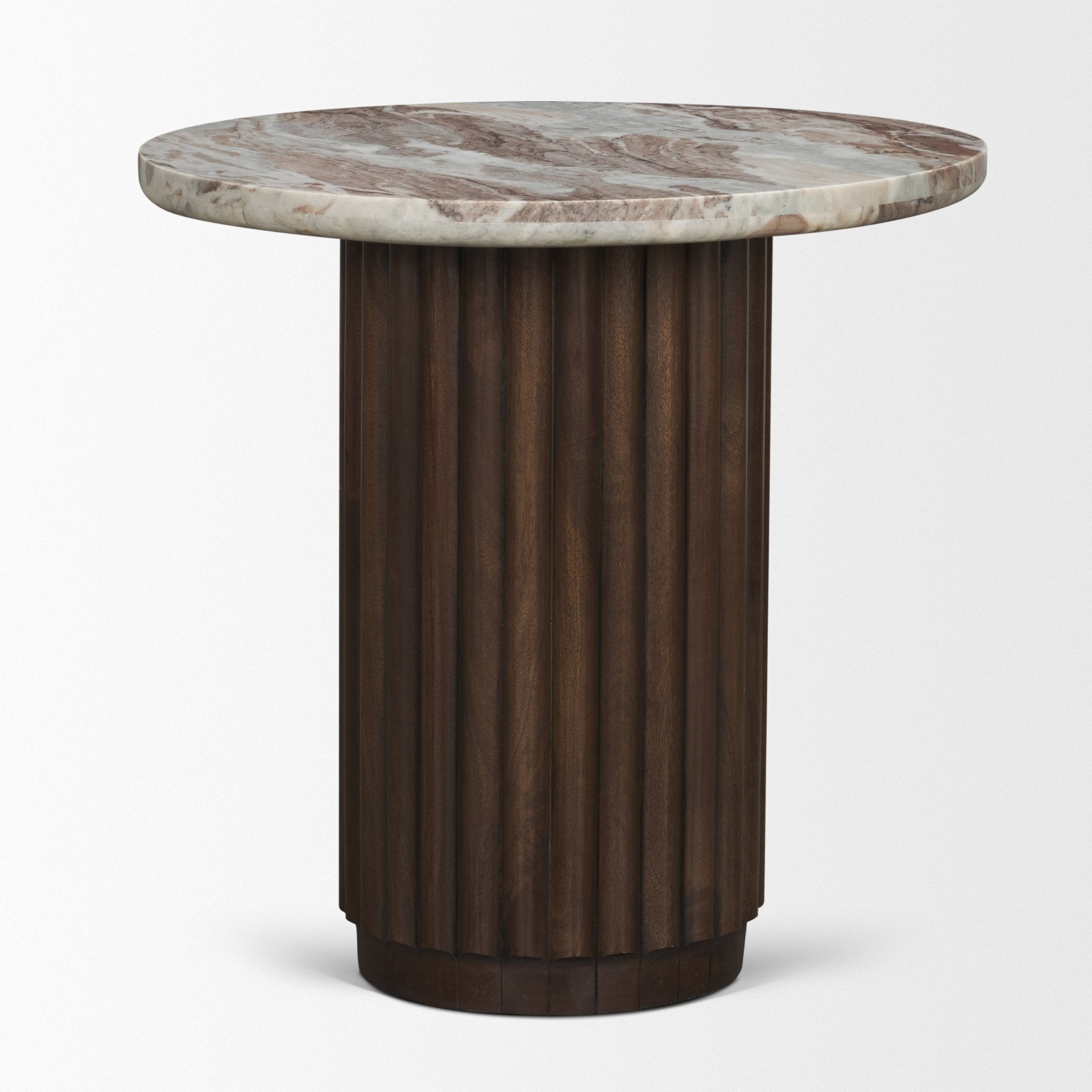 Front view of the Marbrello side table featuring a circular breccia marble top with dramatic veining on a dark fluted wood pedestal base