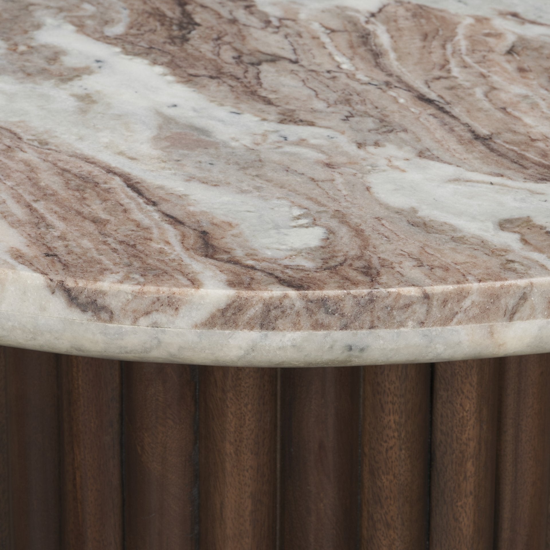 Perspective view showcasing the organic contrast between the stone top and the architectural dark wood base