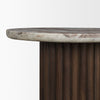 Side profile shot highlighting the slim polished edge of the marble tabletop and the vertical texture of the fluted cylindrical base