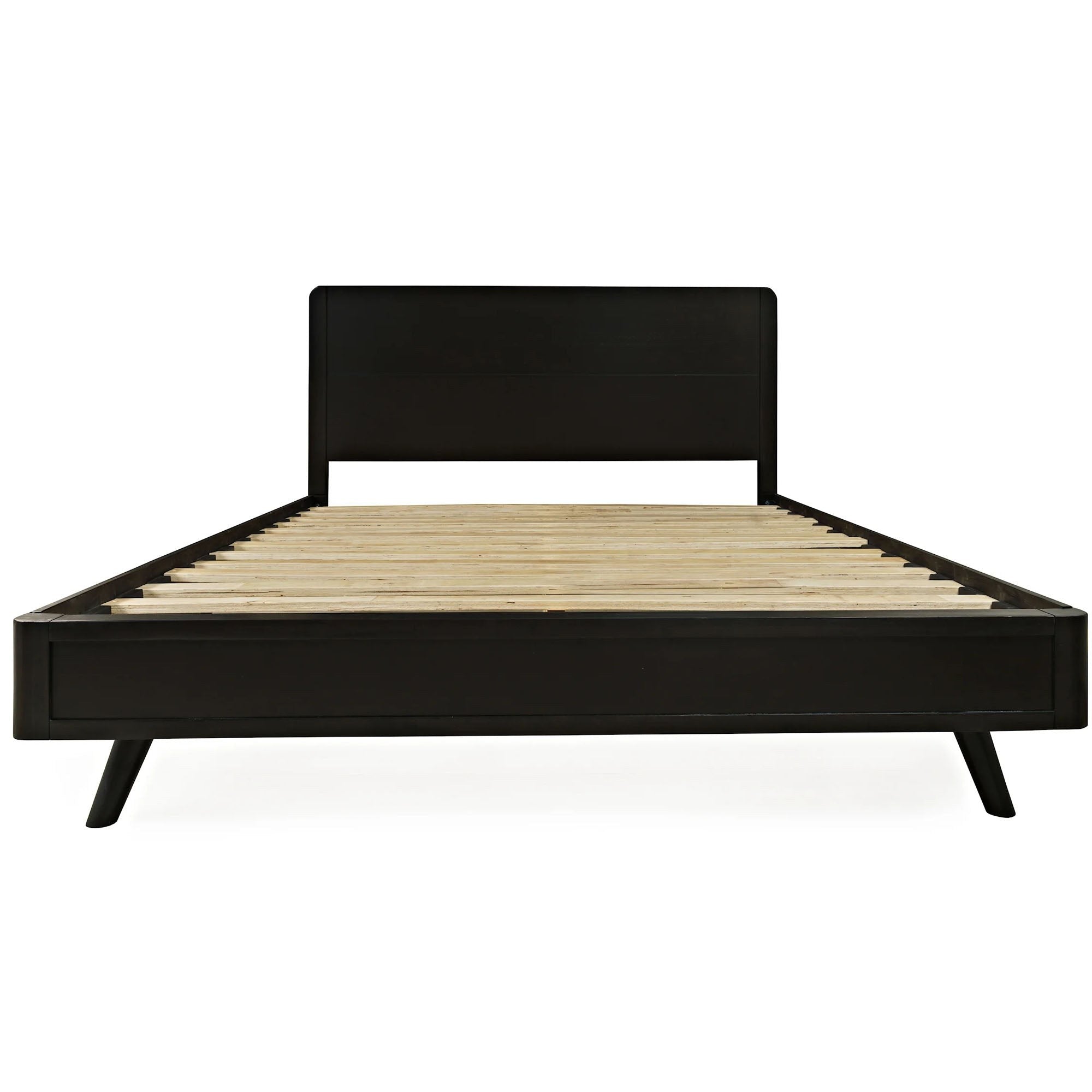 Front view of the Marlowe platform bed featuring a minimalist black finish and clean architectural lines