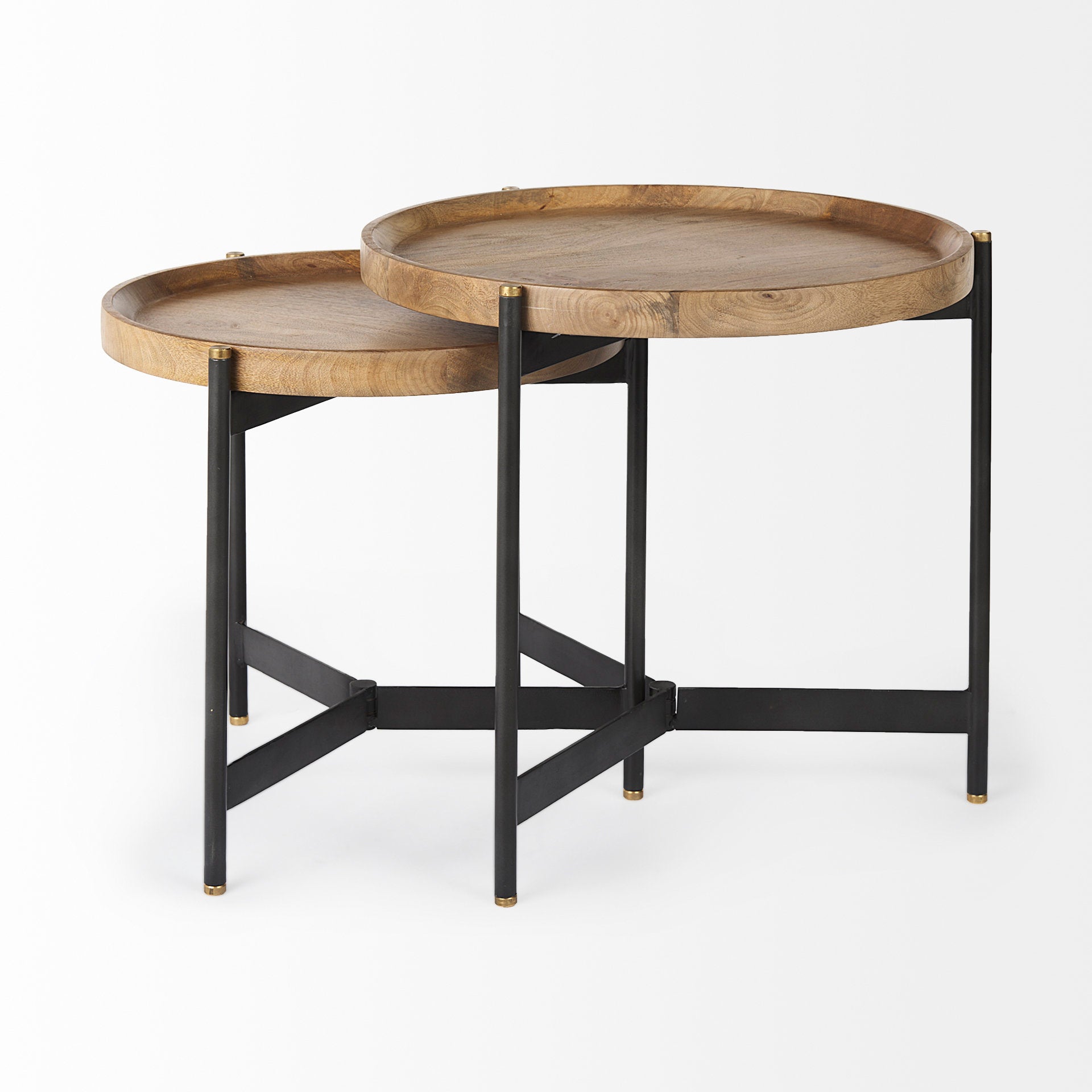 Front view of the Marquisa nesting side table set featuring two round wooden tray tops on black tripod metal frames