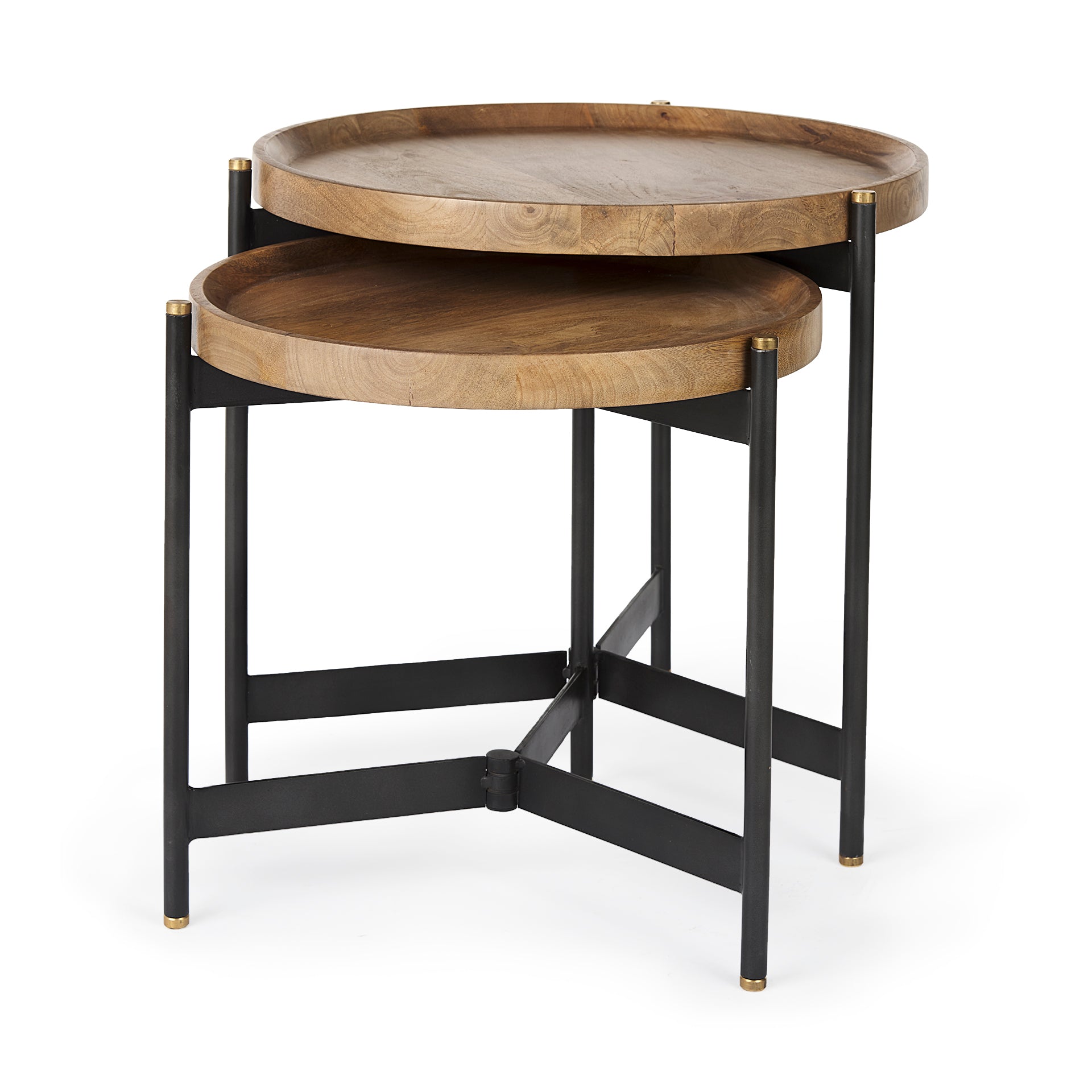 Perspective shot showing the smaller Marquisa table tucked neatly beneath the larger one to demonstrate space-saving functionality