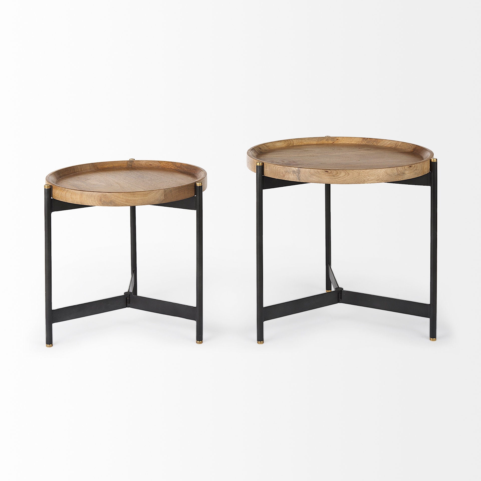 View of both tables placed side-by-side to showcase their varying heights and matching natural wood grain