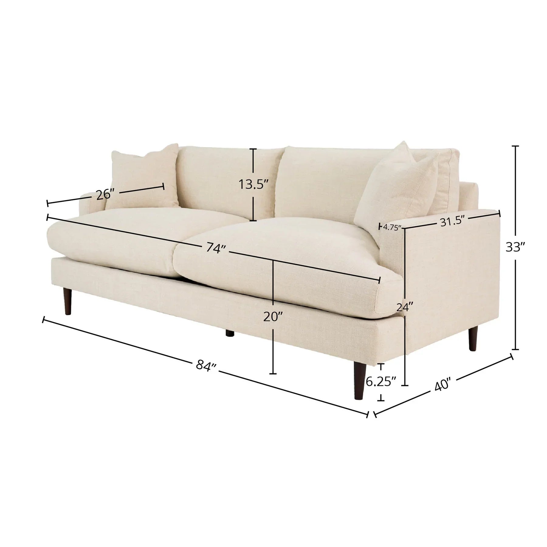 Front view of Martha sofa in Beach Alabaster fabric