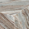 Detailed high-angle view of the mitered corner joinery showcasing the crystalline structure of the pink marble