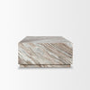 Side profile view emphasizing the low-profile plinth base and the heavy-set architectural form of the marble coffee table
