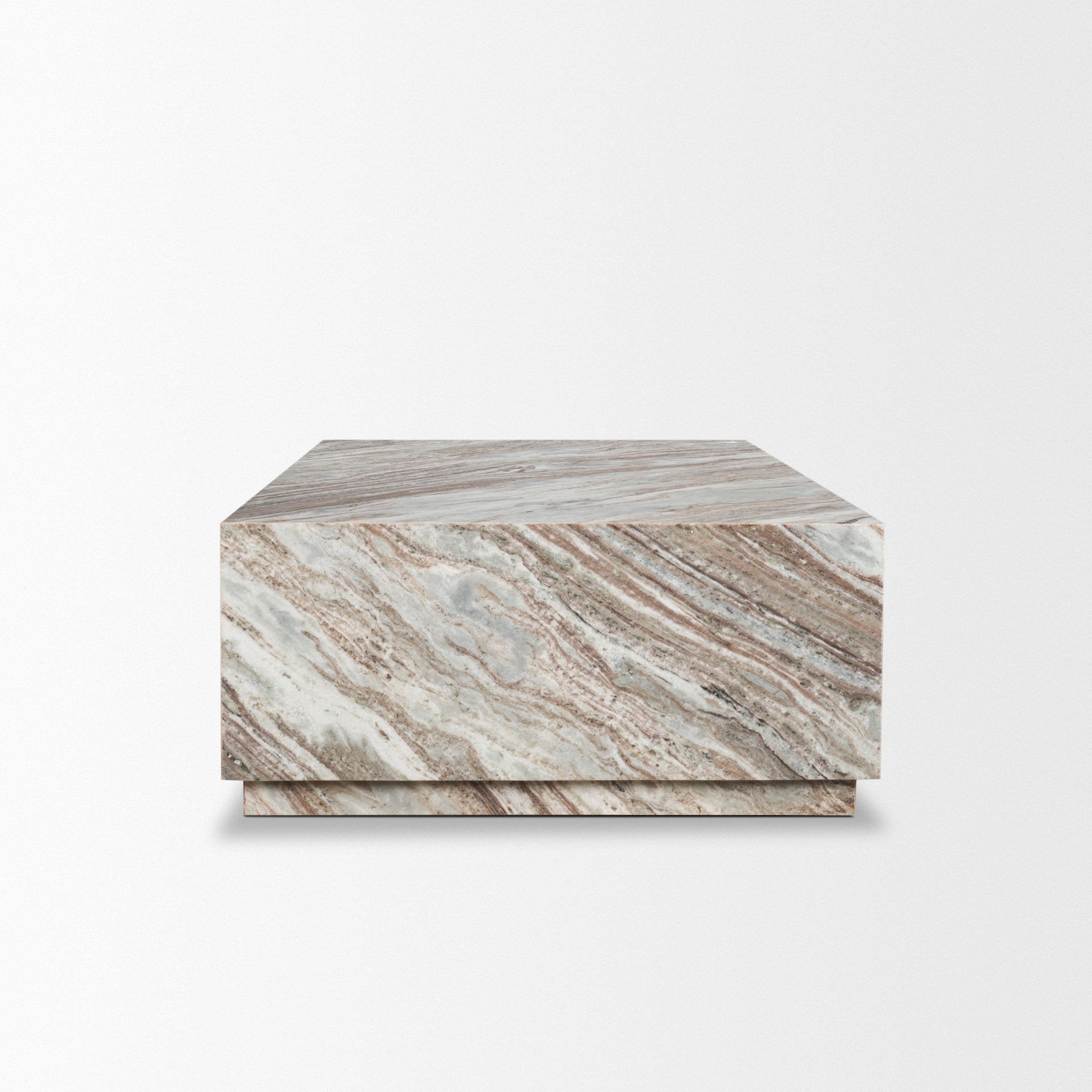 Side profile view emphasizing the low-profile plinth base and the heavy-set architectural form of the marble coffee table