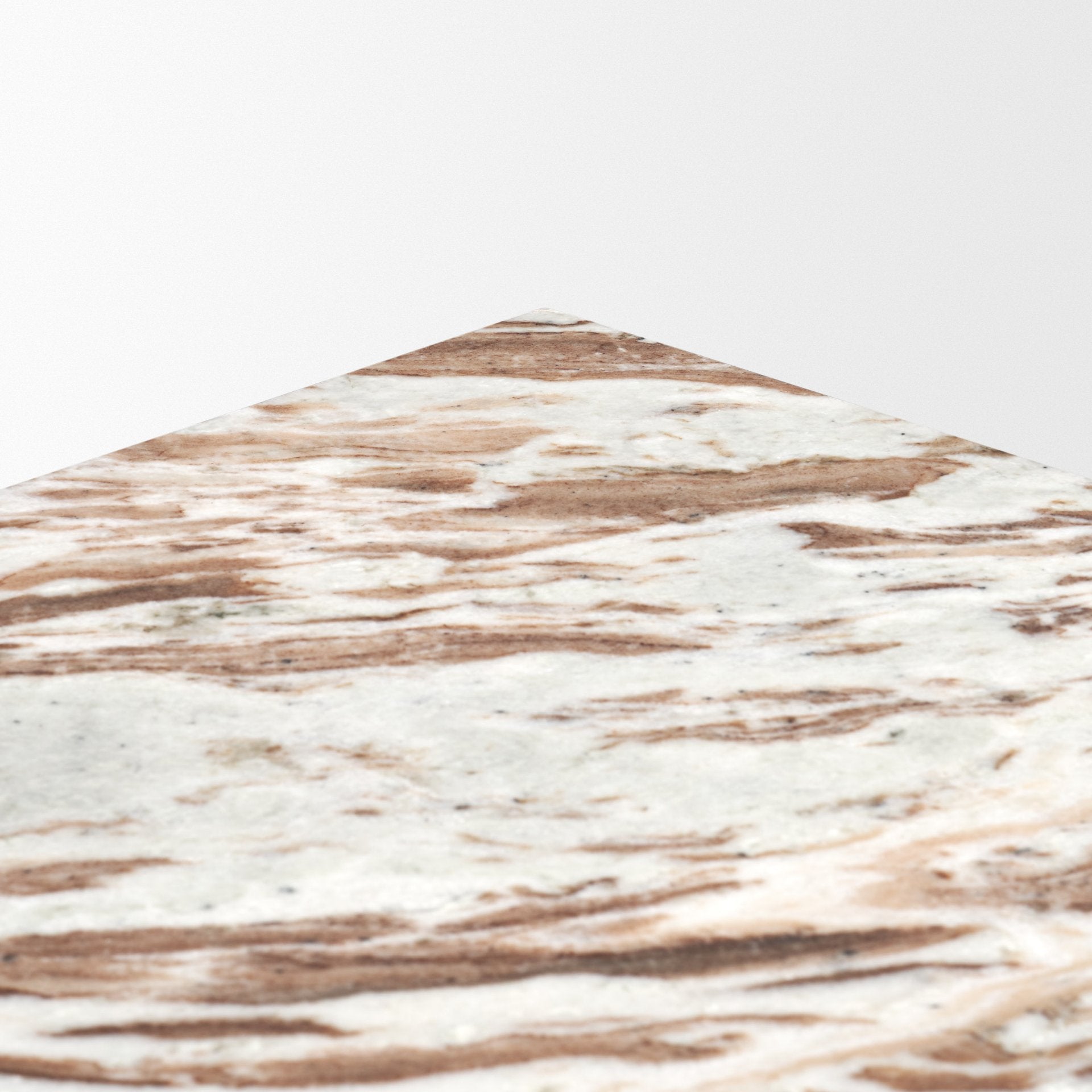 Close-up high-angle view showcasing the intricate organic patterns and polished finish of the pink and brown breccia marble