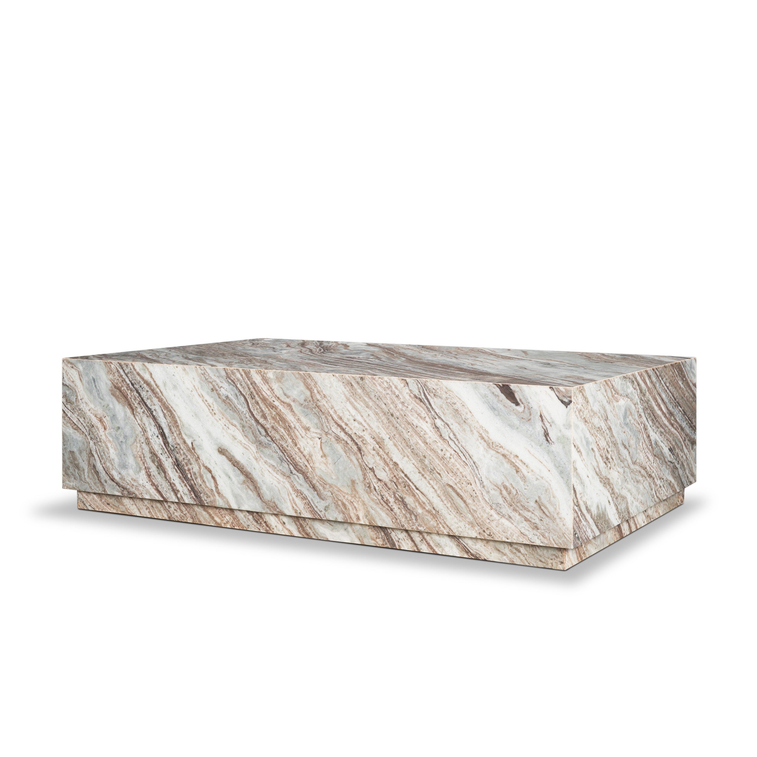 Three-quarter perspective highlighting the substantial rectangular silhouette and continuous marble patterns of the Matteo table
