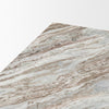 Close-up shot focusing on the crisp mitered edge and the unique natural stone veining on the table corner