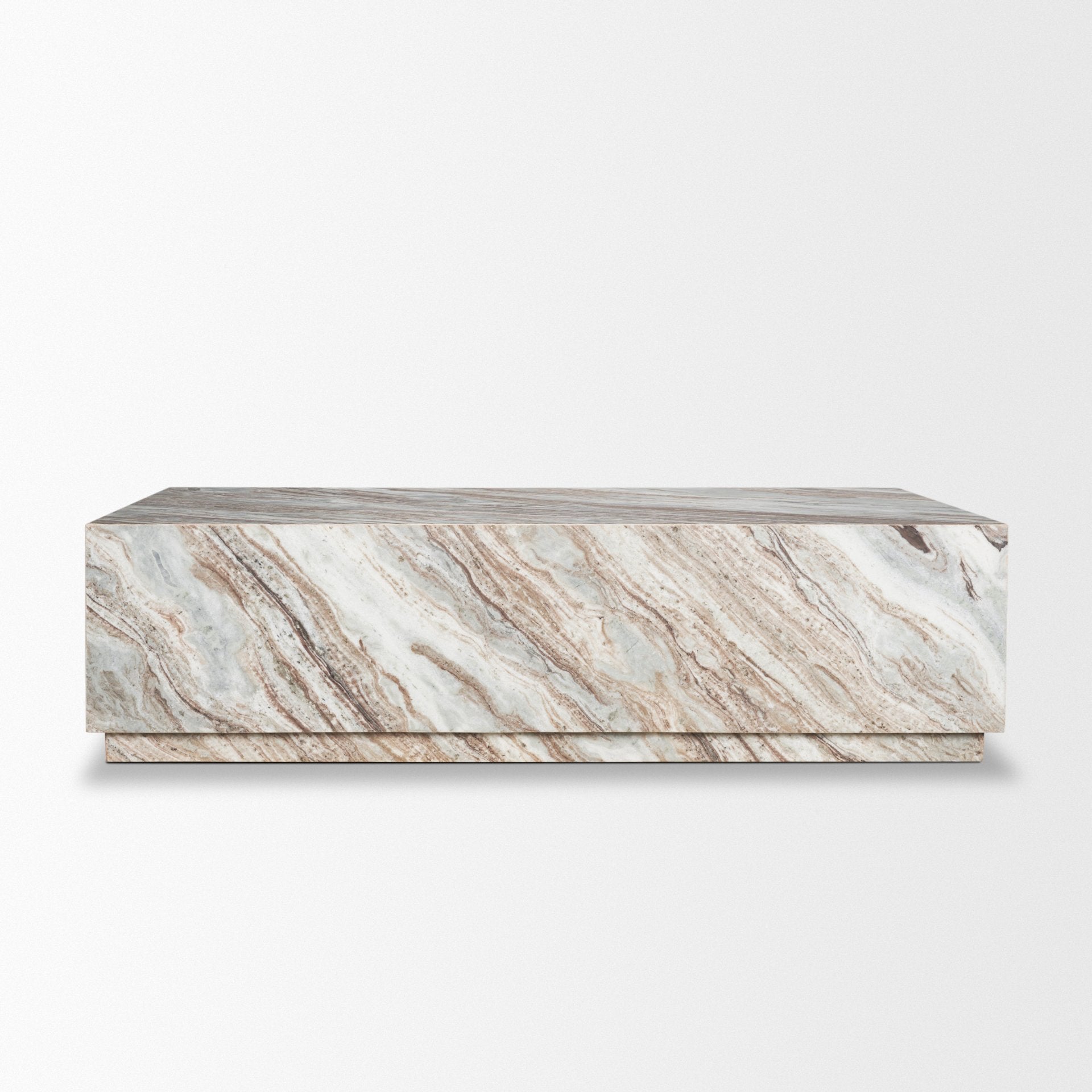 Front view of the Matteo rectangular coffee table showcasing natural pink and grey marble veining in a solid plinth design