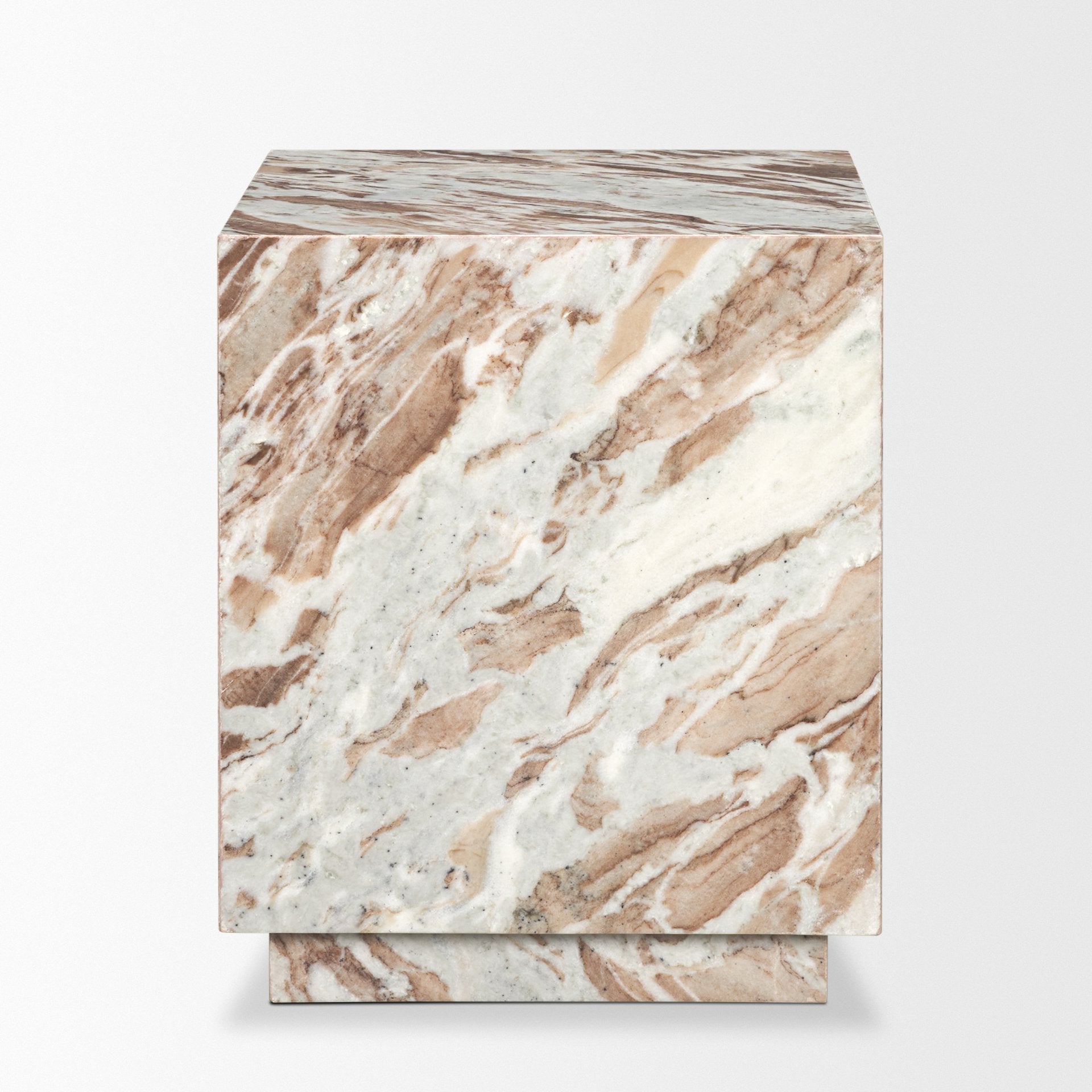 Front view of the Matteo side table featuring a solid square silhouette crafted from pink breccia marble with dramatic brown and white veining