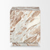 Front view of the Matteo side table featuring a solid square silhouette crafted from pink breccia marble with dramatic brown and white veining