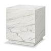 Perspective view of the Matteo side table in a white marble variant with grey veining to show available material options