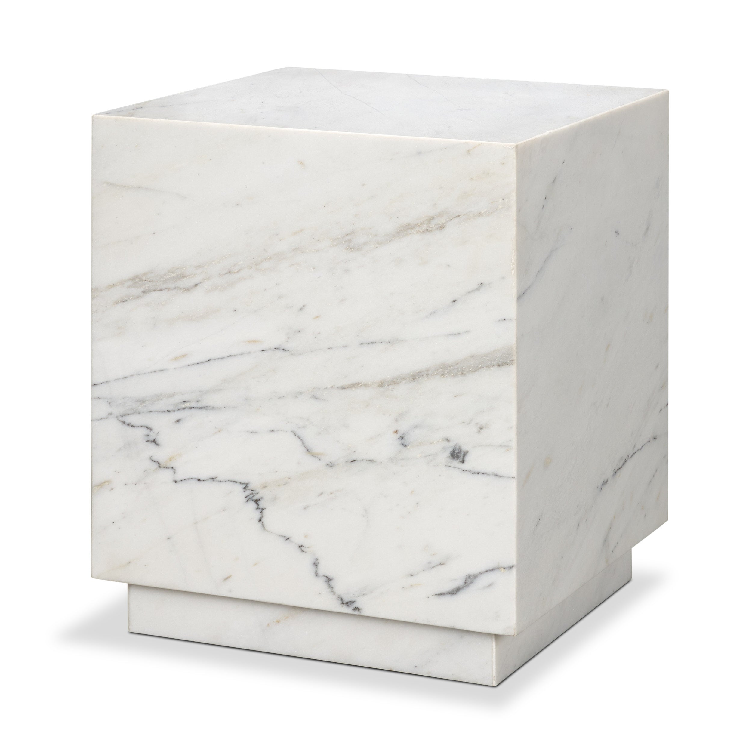 Perspective view of the Matteo side table in a white marble variant with grey veining to show available material options