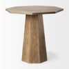 Angle view of Maxine round wood foyer table with faceted base