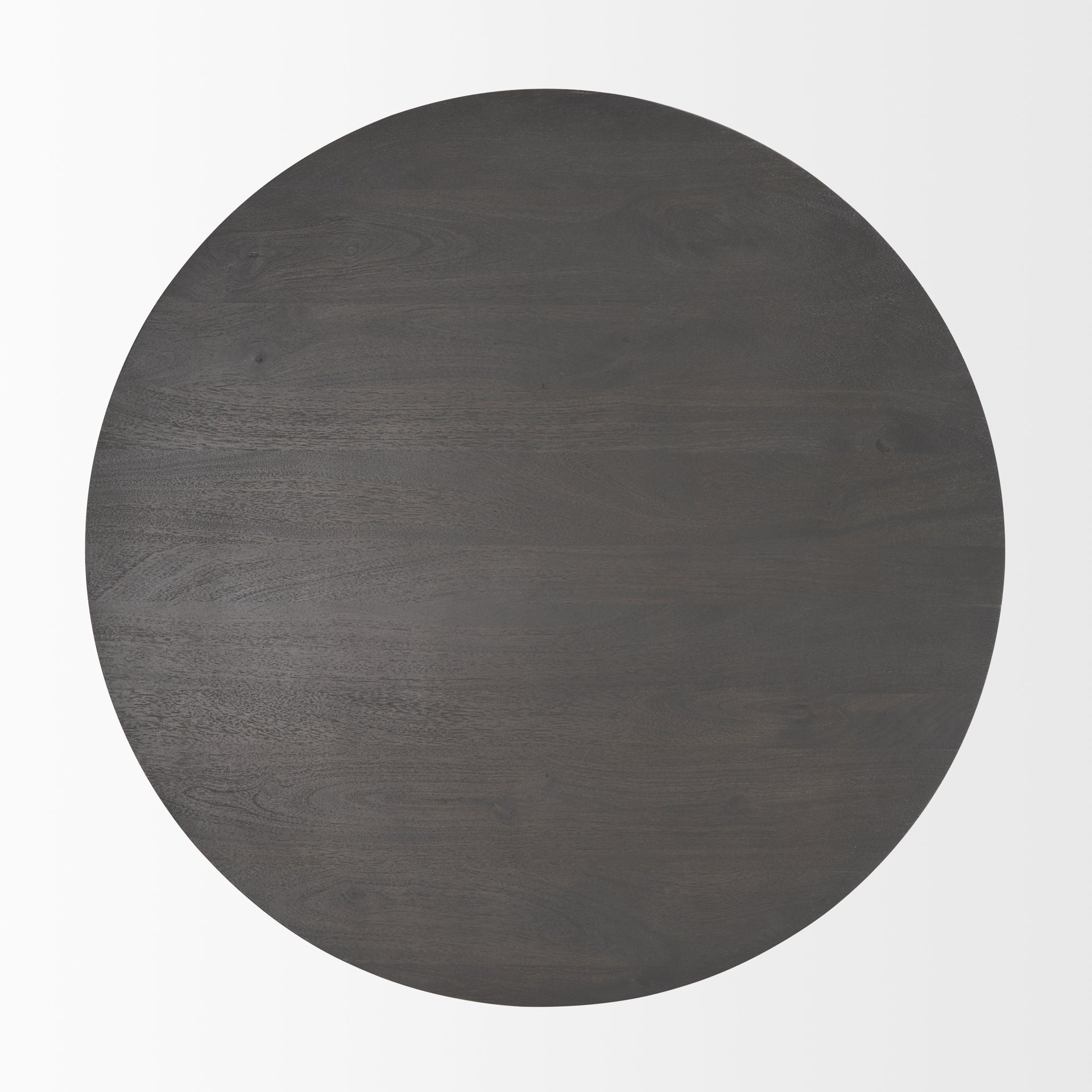 Direct overhead view of the circular tabletop showcasing the subtle natural wood grain and dark grey finish