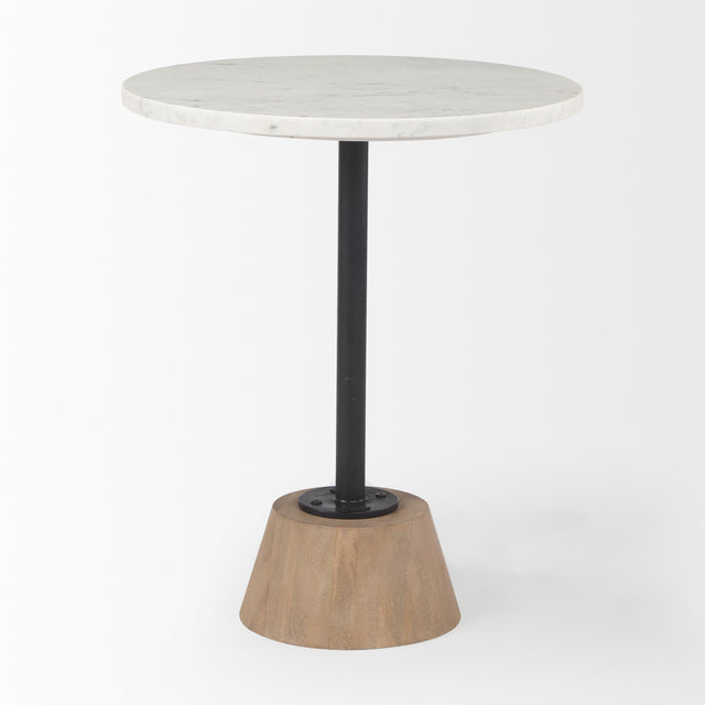Maxwell round side table with white marble top and tapered oak wood base