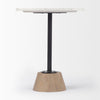Angle view of Maxwell modern end table with white marble and natural wood