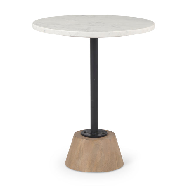 Maxwell round side table with white marble top and tapered oak wood base