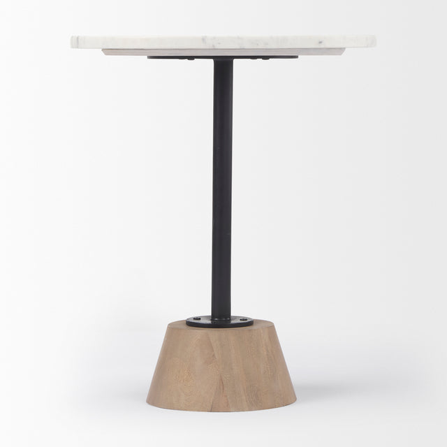Maxwell round side table with white marble top and tapered oak wood base
