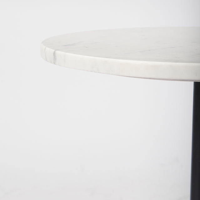 Maxwell round side table with white marble top and tapered oak wood base