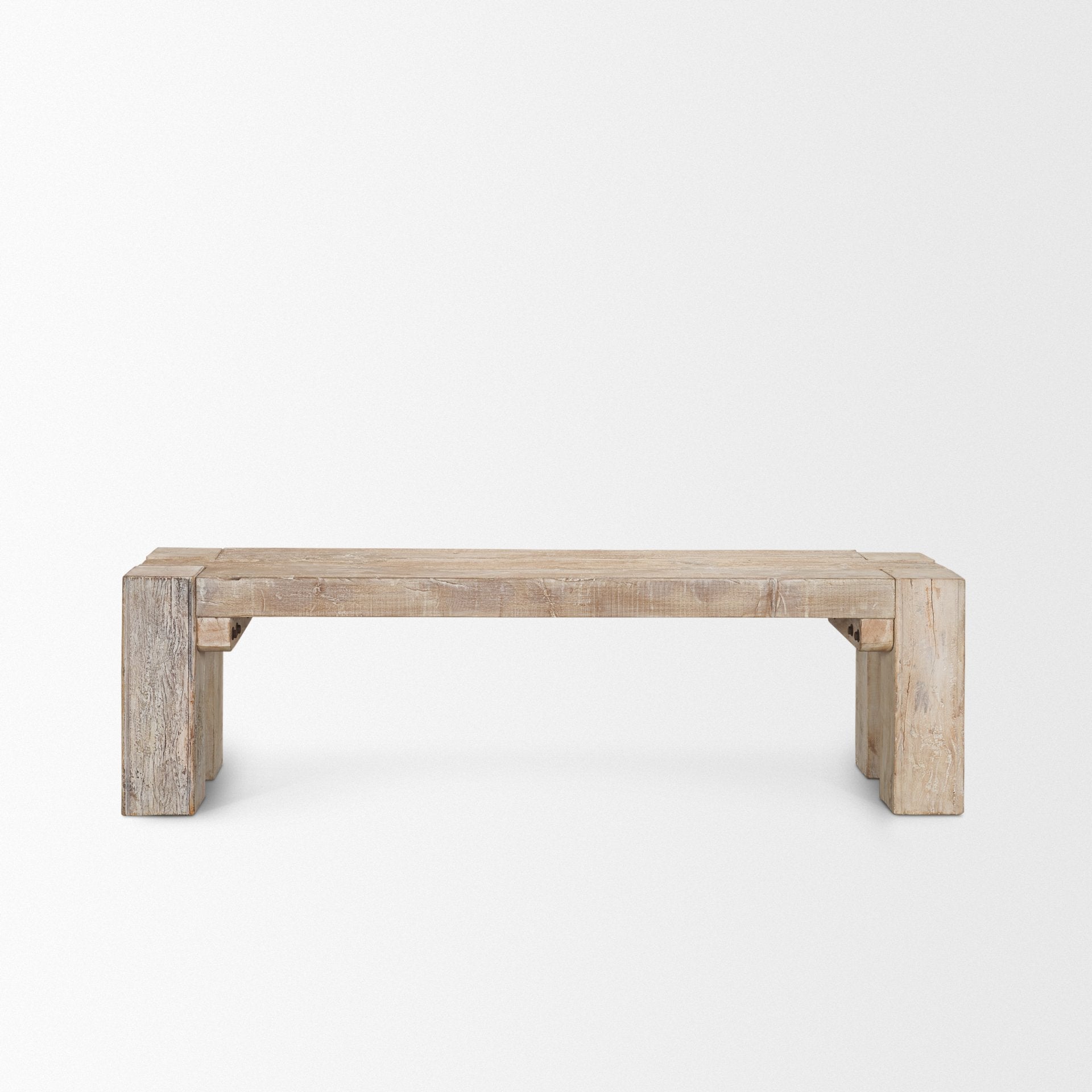 McArthur 70 inch whitewash reclaimed wood bench with thick rustic legs