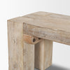 Detail shot of the rustic leg joinery and support on the McArthur wood bench