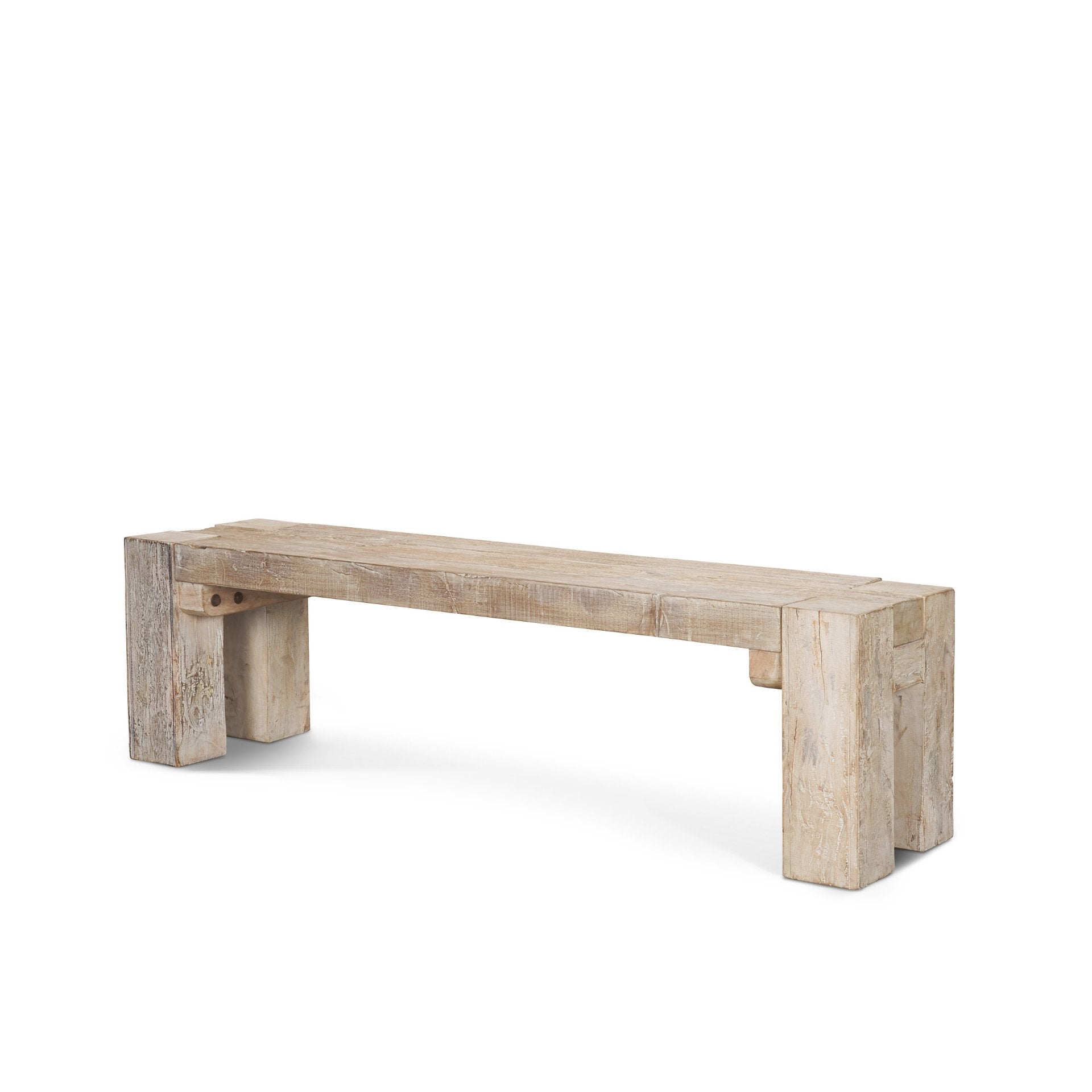 McArthur 70 inch whitewash reclaimed wood bench with thick rustic legs