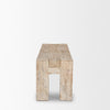 Side profile of the McArthur whitewash reclaimed wood bench showing chunky leg design