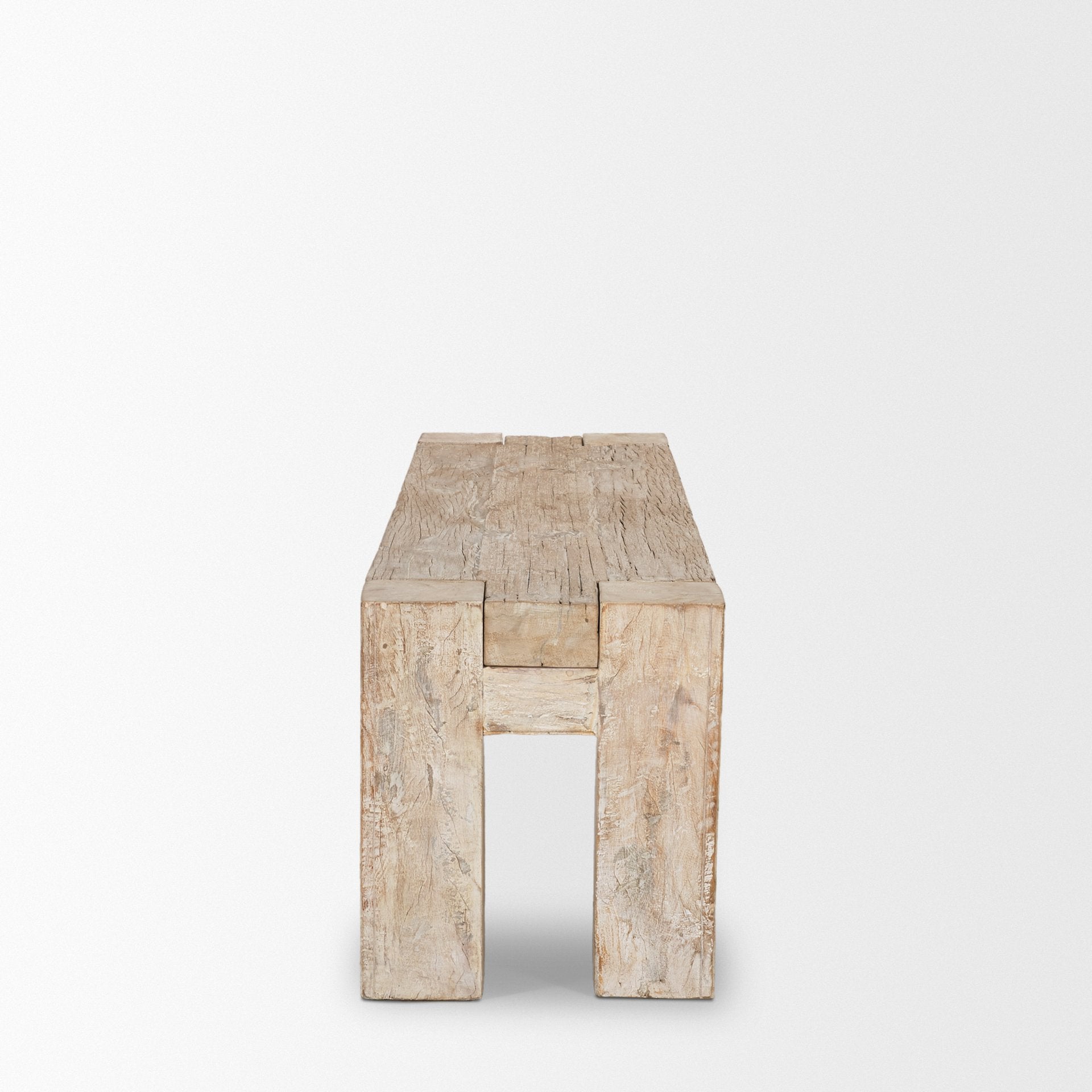 McArthur 70 inch whitewash reclaimed wood bench with thick rustic legs