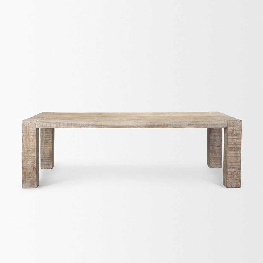 Front view of the 94-inch McArthur dining table featuring a whitewash finish and a substantial Parsons-style reclaimed wood construction