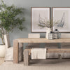 Real-home lifestyle perspective showcasing the dining table paired with a matching reclaimed wood bench and slipcovered chairs