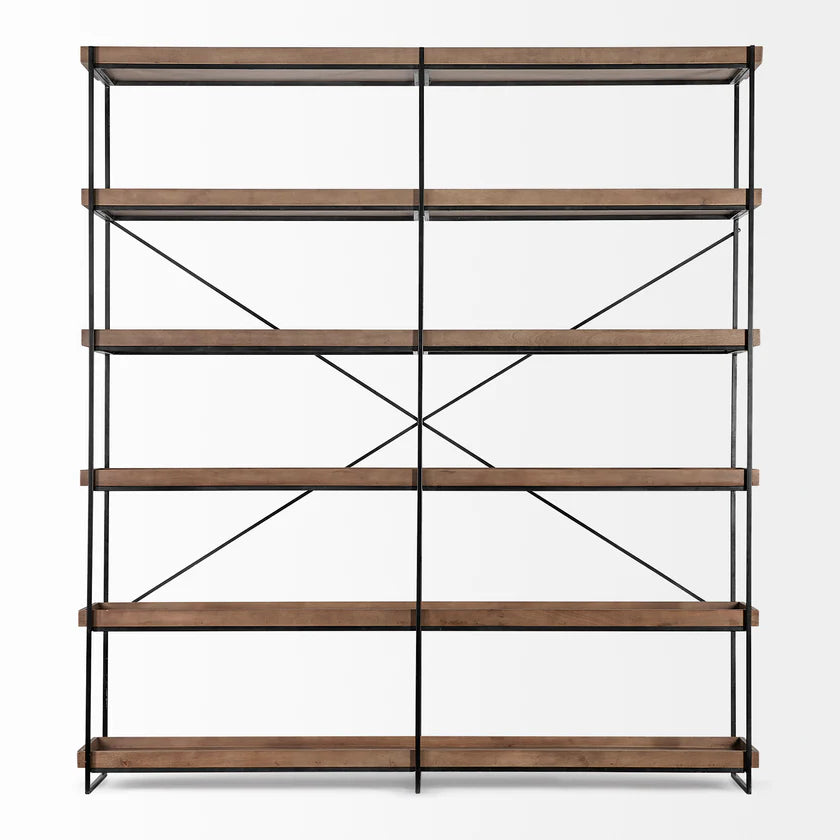 Perspective view of the Trey IV double-wide shelving unit featuring five tiers of medium brown wood trays on a slim black iron frame