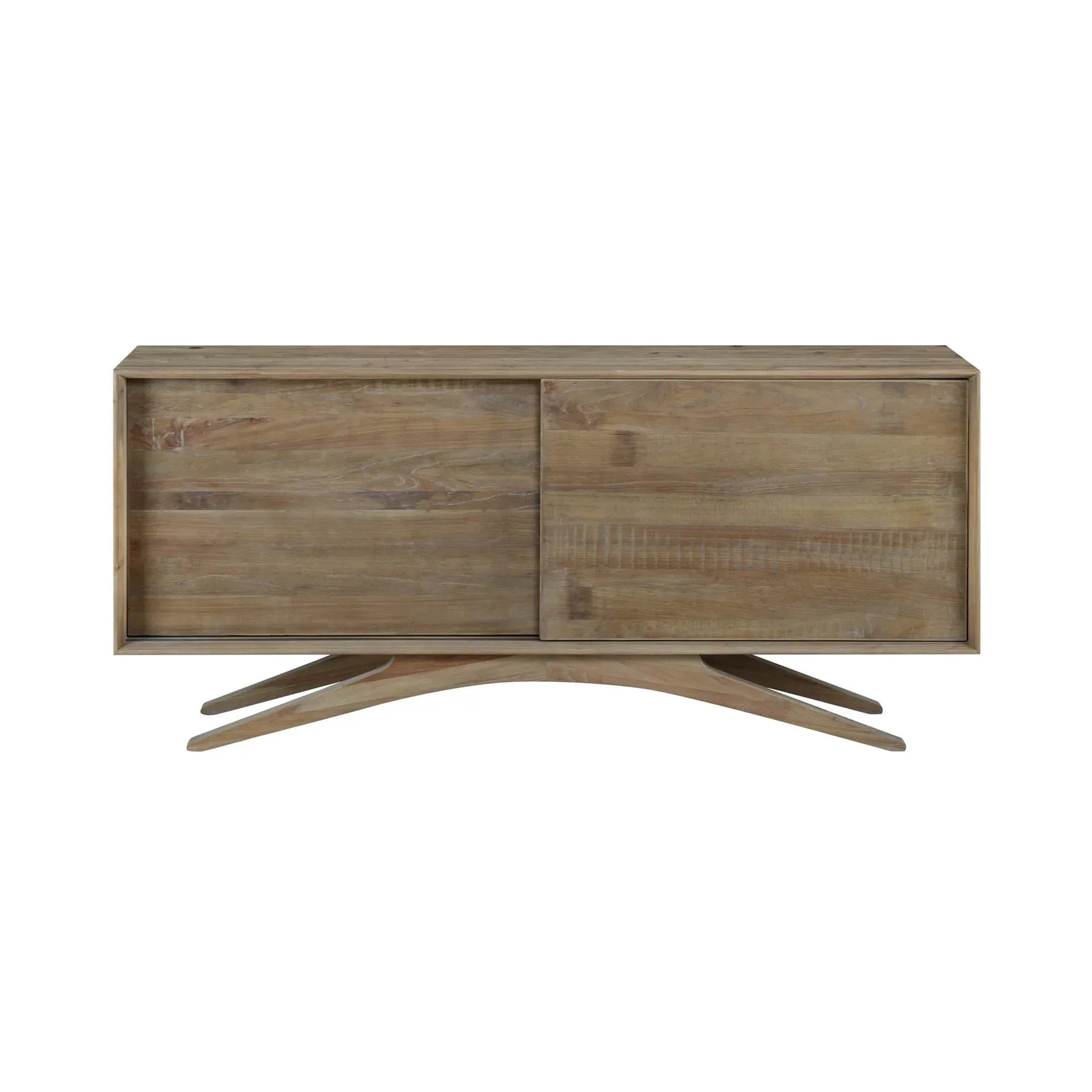 Front view of the Meridian sideboard in a white ash finish featuring three central drawers and two side cabinets with textured horizontal slats