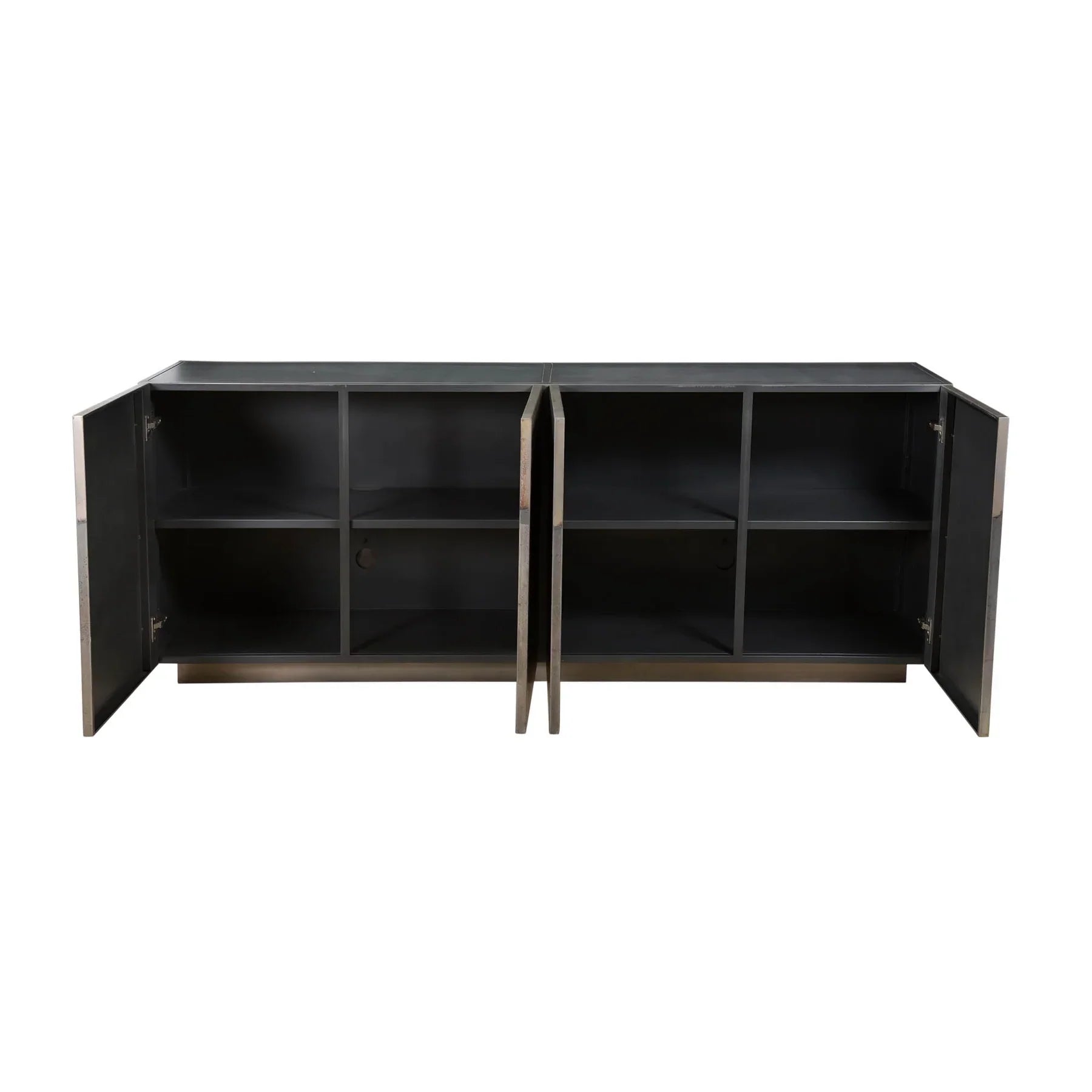 Front view of the Callisto 4-door sideboard featuring a unique abstract grey and silver metallic finish with a low-profile plinth base