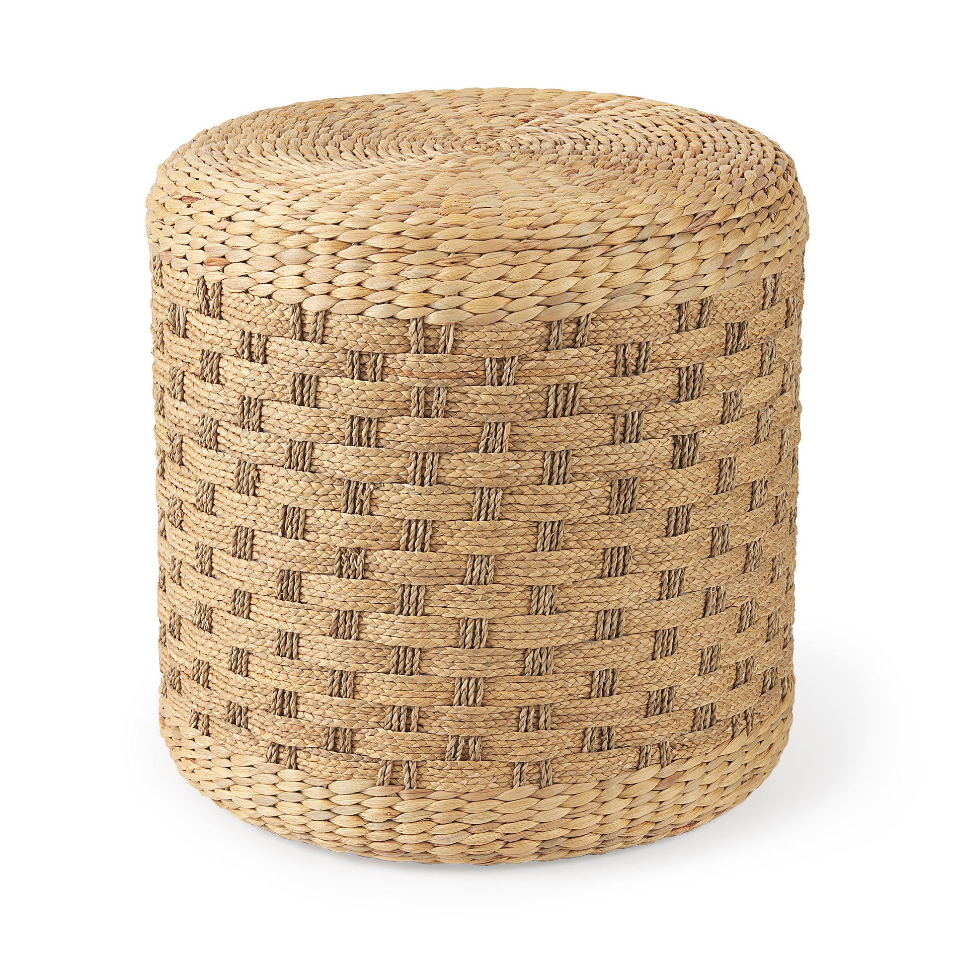 Front three-quarter view of the Michelle round pouf featuring a decorative checkered woven seagrass design in light brown