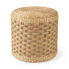 Front three-quarter view of the Michelle round pouf featuring a decorative checkered woven seagrass design in light brown