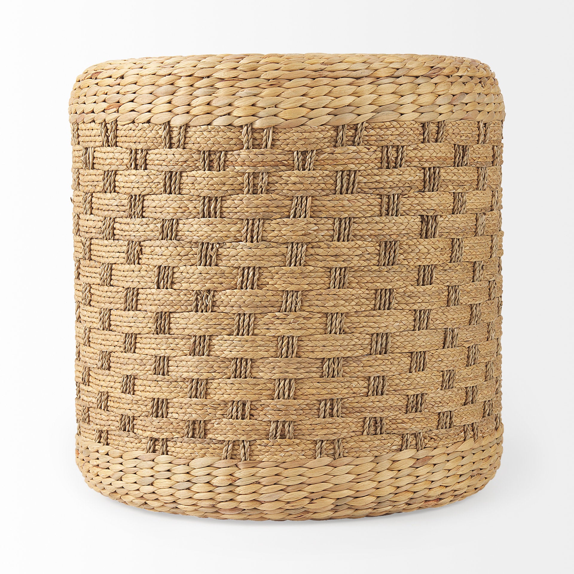 Front three-quarter view of the Michelle round pouf featuring a decorative checkered woven seagrass design in light brown