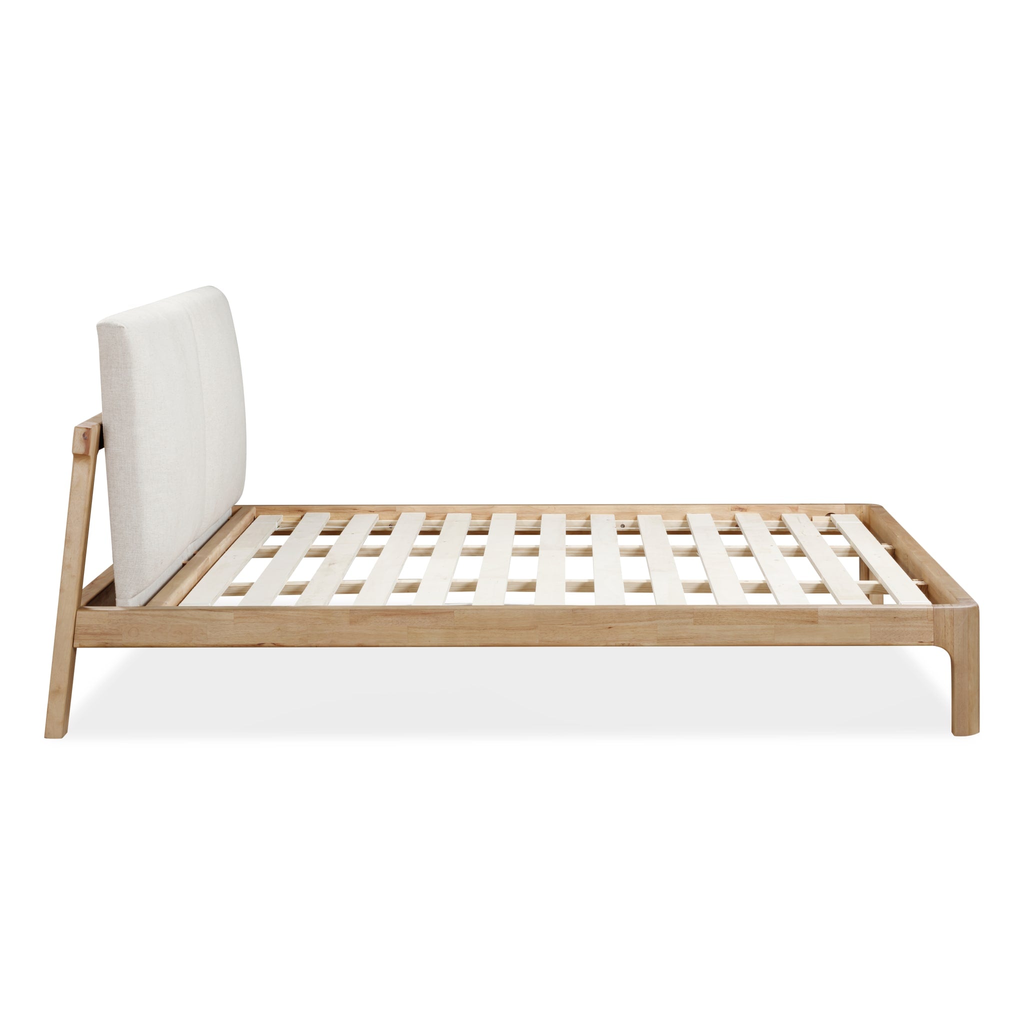 Front view of the Havn platform bed featuring a ginger-finished ash wood frame and a two-cushion natural linen headboard