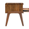 Side profile view showcasing the architectural leg design and the consistent wood grain across the frame