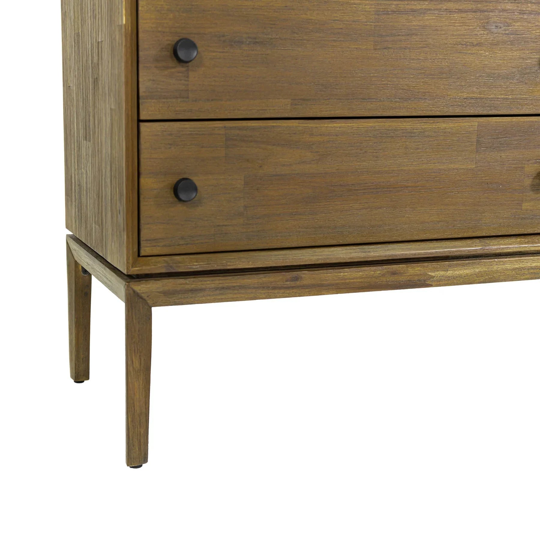 Front view of the West 6-drawer double dresser featuring a rich natural wood finish, dark circular knobs, and top drawers with vertical fluted detailing