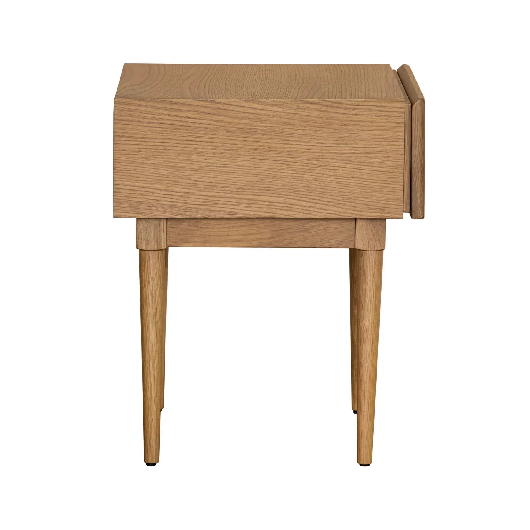 Straight-on front view showcasing the clean lines of the oak frame and the high-contrast white rattan caning