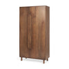 Three-quarter perspective view highlighting the seamless wood grain and clean rectangular silhouette of the tall storage armoire